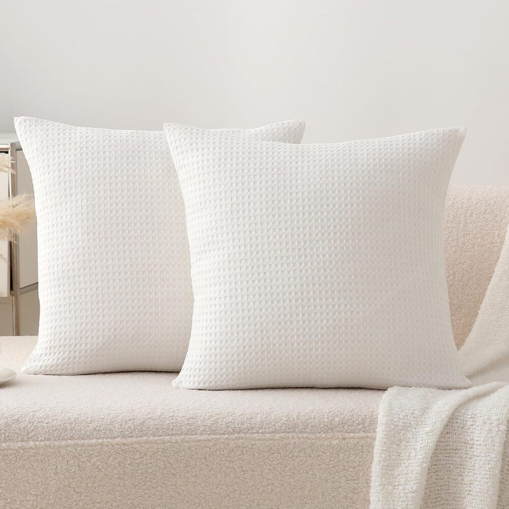 7513 2 Pack Off White Waffle Throw Pillow Covers, 100% Cotton Farmhouse